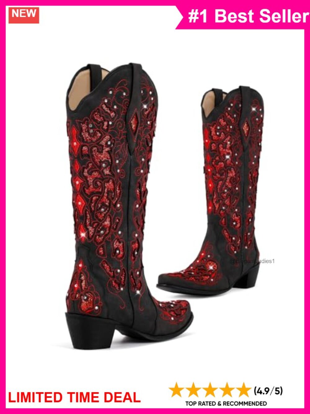 Rhinestone Cowboy Boots Women Mid Calf Chunky Heel Leather Pull-On Western - Picture 4 of 6